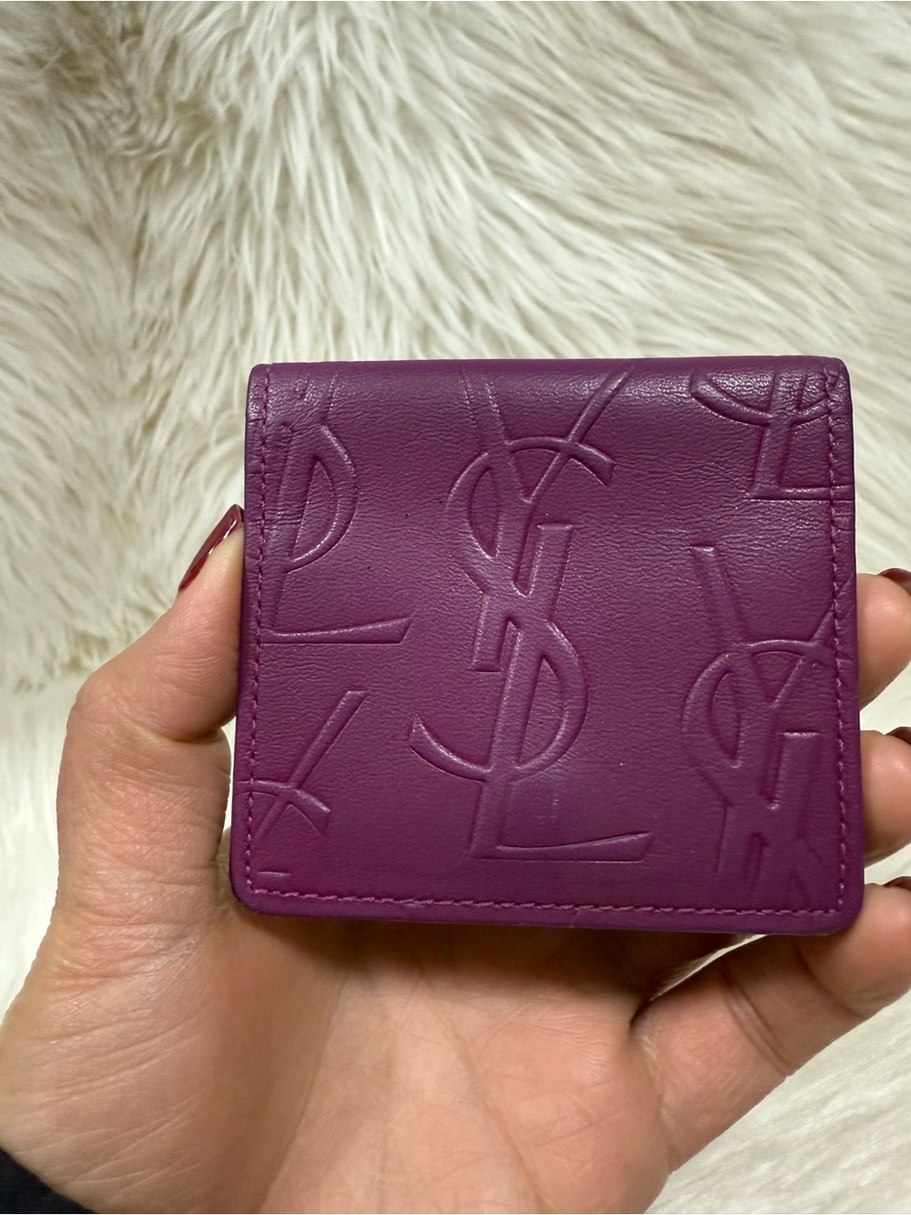 Authentic Yves Saint Laurent Embossed Logo Purple Leather Coin Wallet Mini